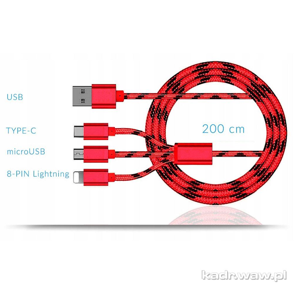 Kabel Nylonowy USB 3w1 300cm + Etui ze Smyczą